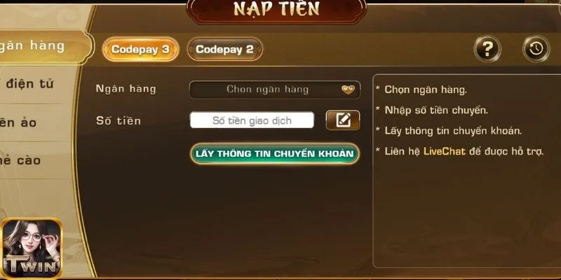 Các phương pháp nạp tiền tại twin68