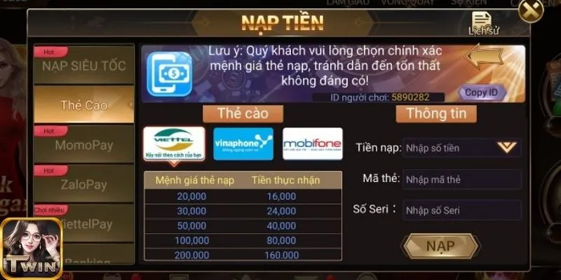 Phương thức thanh toán được chấp nhận tại Twin